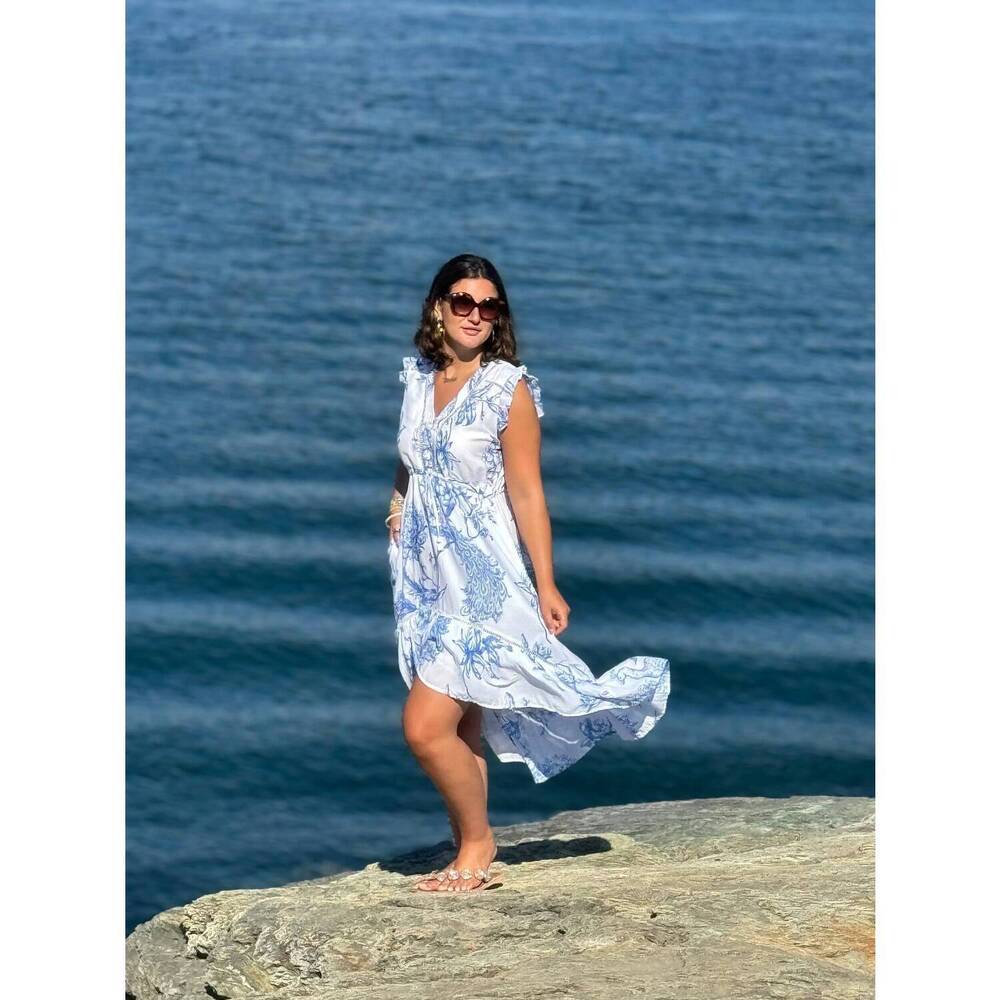 NEW LA PLAGE nina hi-lo dress in white and blue
